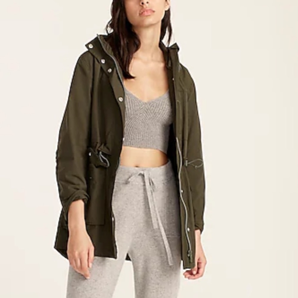 J. Crew perfect rain jacket, dark moss, xxs, EUC